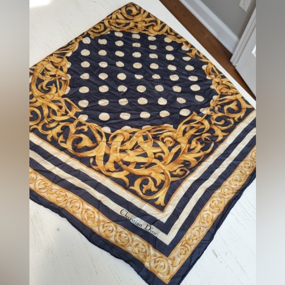 VINTAGE Christian Dior Silk Scarf 32" Baroque Polka Dot Stripe Navy Gold Blue - Picture 3 of 9